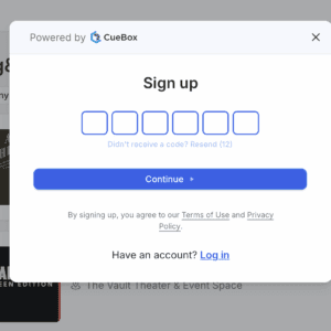 Screenshot of the popup box asking for the confirmation code that Cuebox sent to your email address.