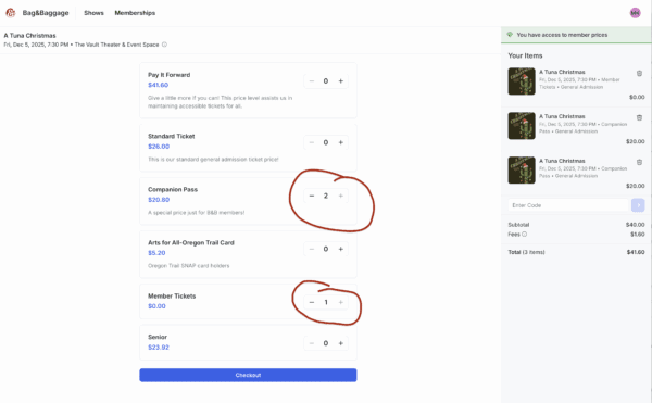 Screenshot of the ticket types for a specific performance, with the numbers circled for companion pass and member ticket types, illustrating that the plus sign has been greyed out, and no more tickets of that type can be added.