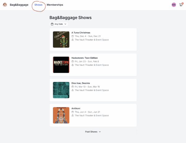 A screenshot of the "Shows" page on the Bag&Baggage website, with the "Shows" tab circled.